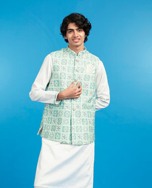 Diwas Men Aqua Green Kurta Jacket Set
