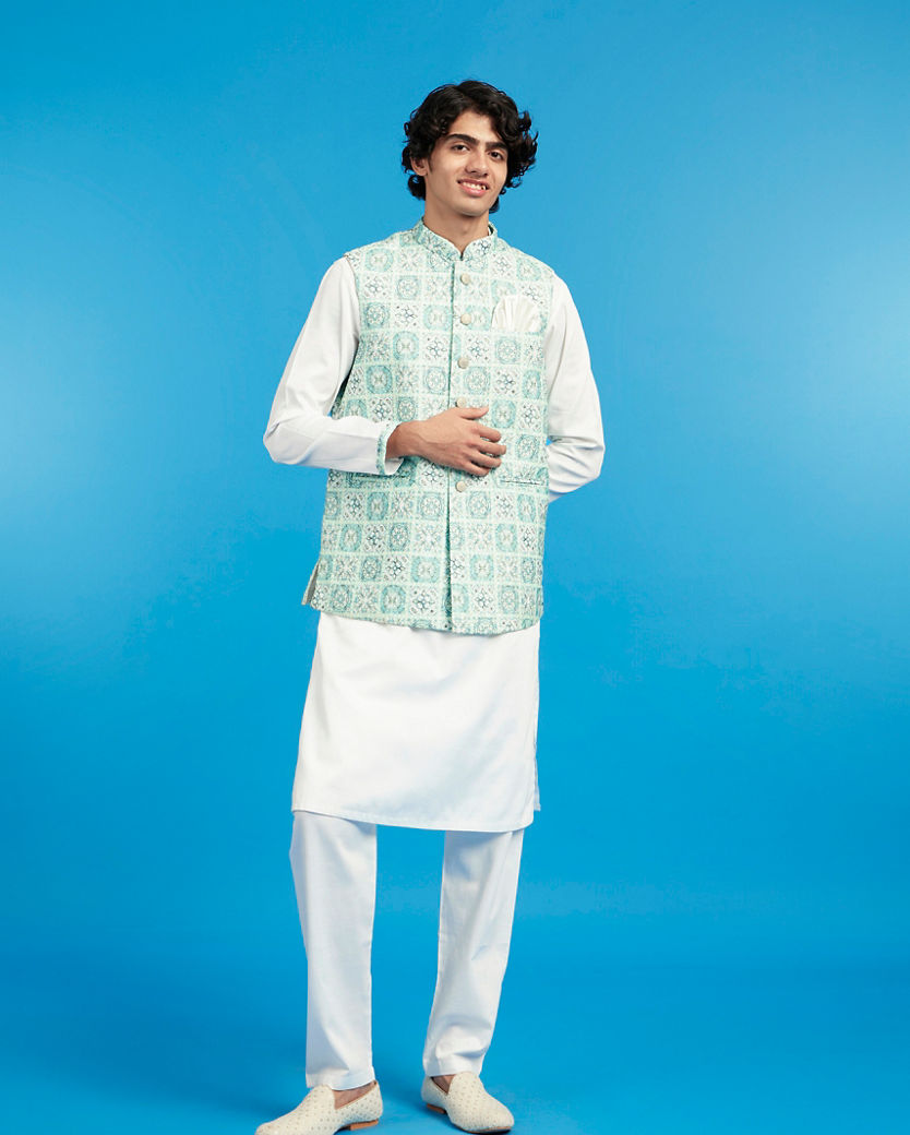 Diwas Men Aqua Green Kurta Jacket Set