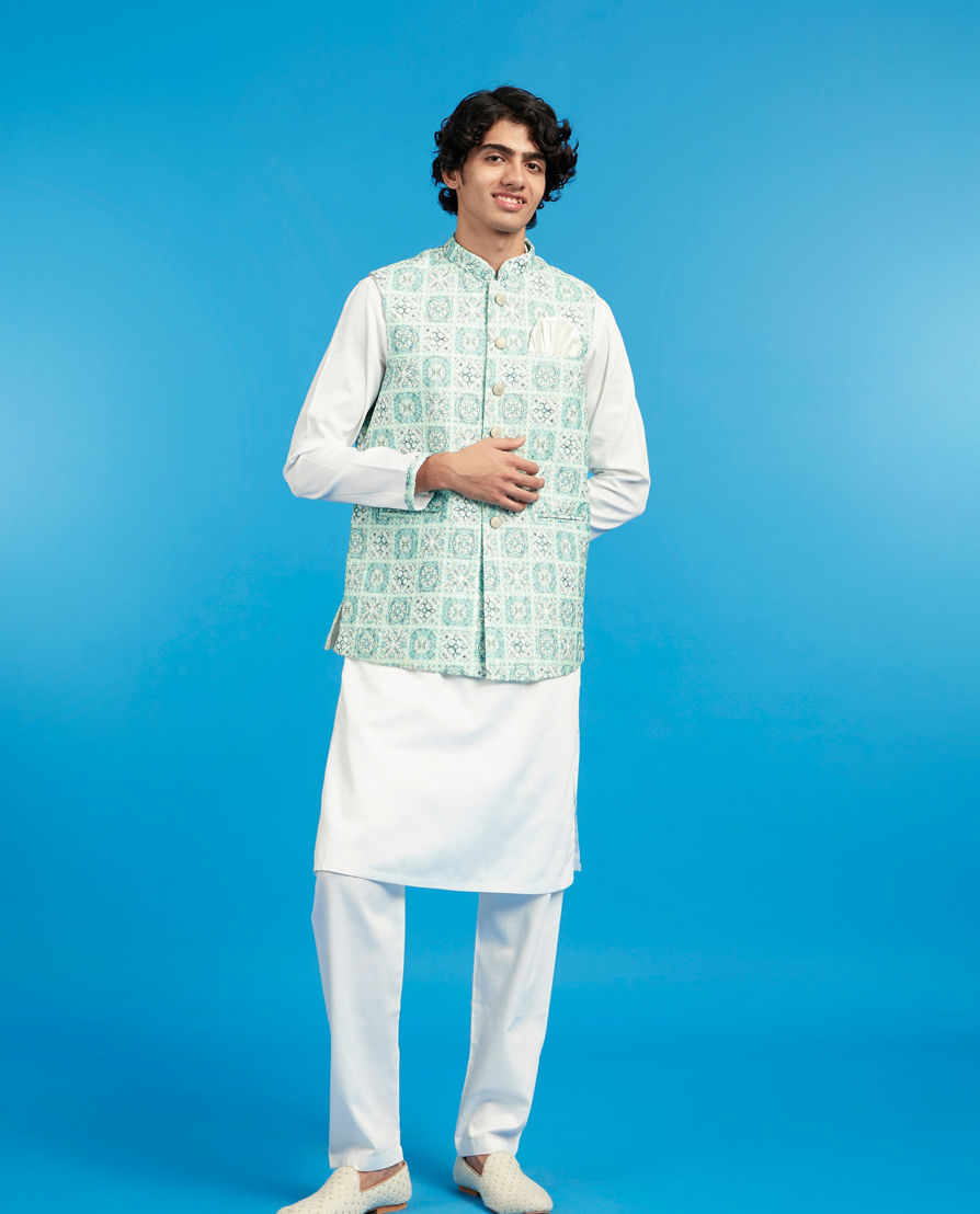 Diwas Men Aqua Green Kurta Jacket Set