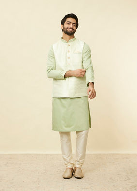 alt message - Manyavar Men Lime Green Self Patterned Jacket Set image number 3