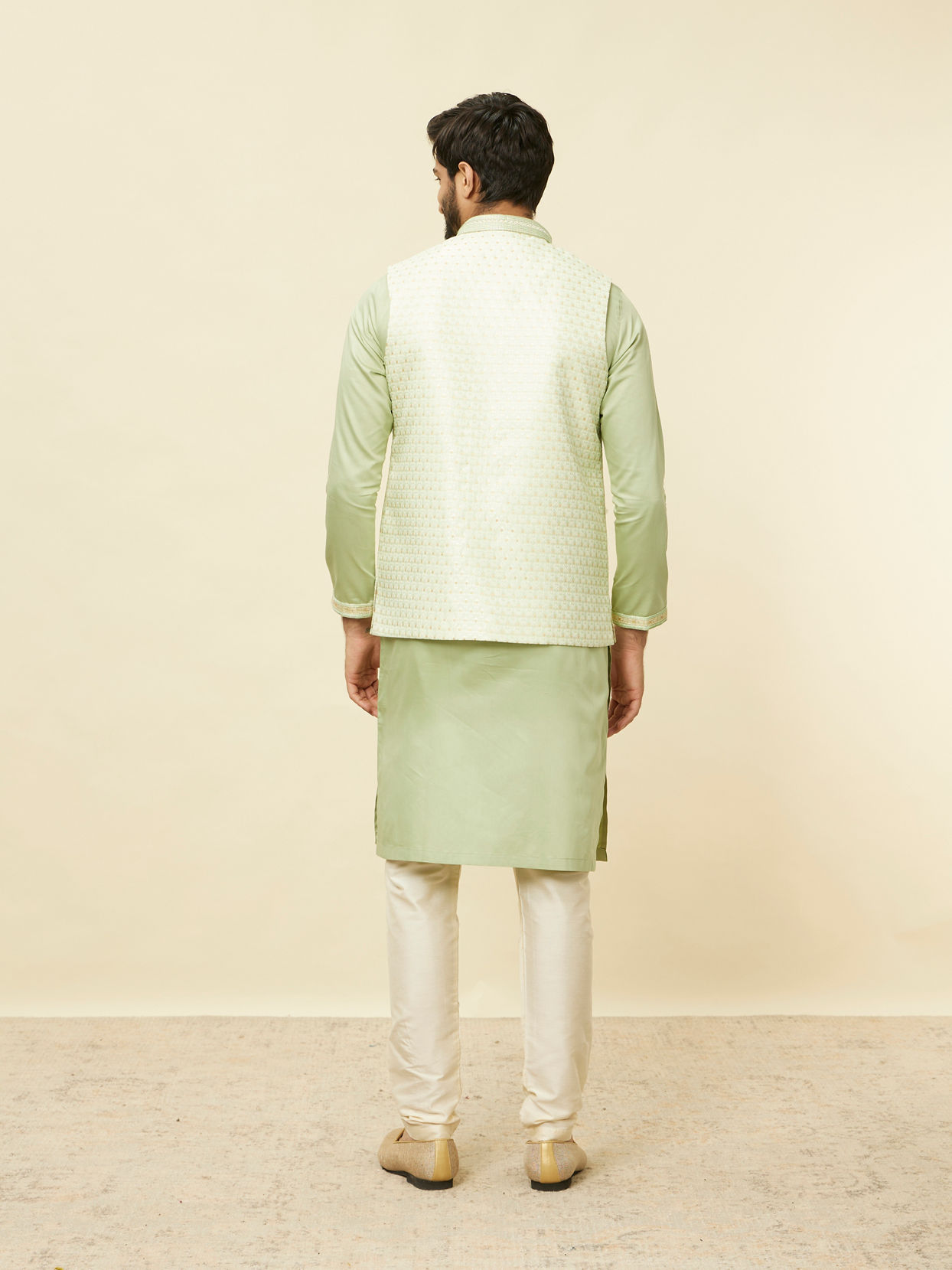 alt message - Manyavar Men Lime Green Self Patterned Jacket Set image number 4