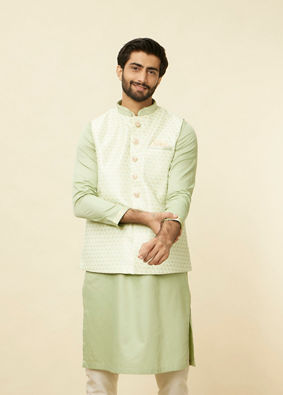 alt message - Manyavar Men Lime Green Self Patterned Jacket Set image number 0