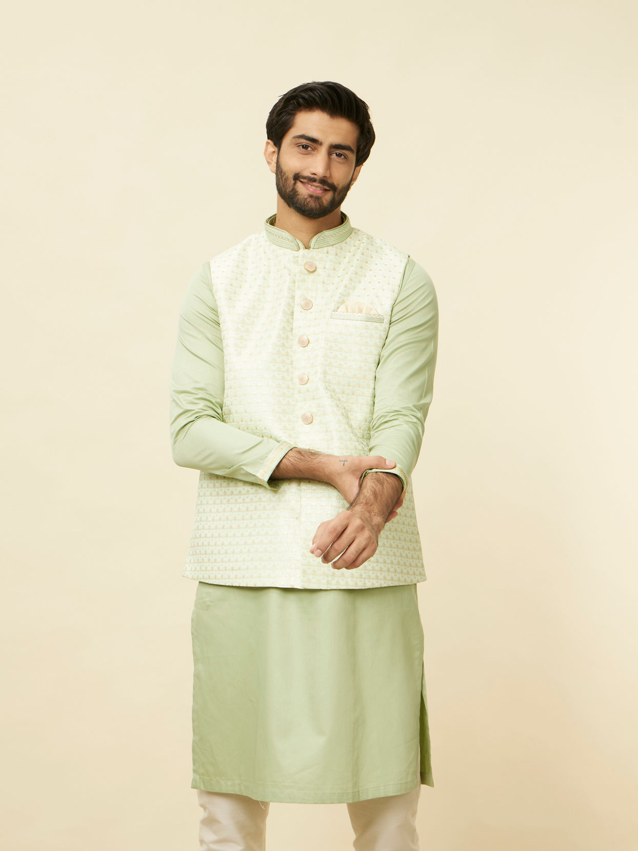 alt message - Manyavar Men Lime Green Self Patterned Jacket Set image number 0