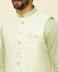 Manyavar Men Lime Green Self Patterned Jacket Set