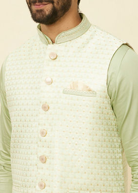 alt message - Manyavar Men Lime Green Self Patterned Jacket Set image number 1