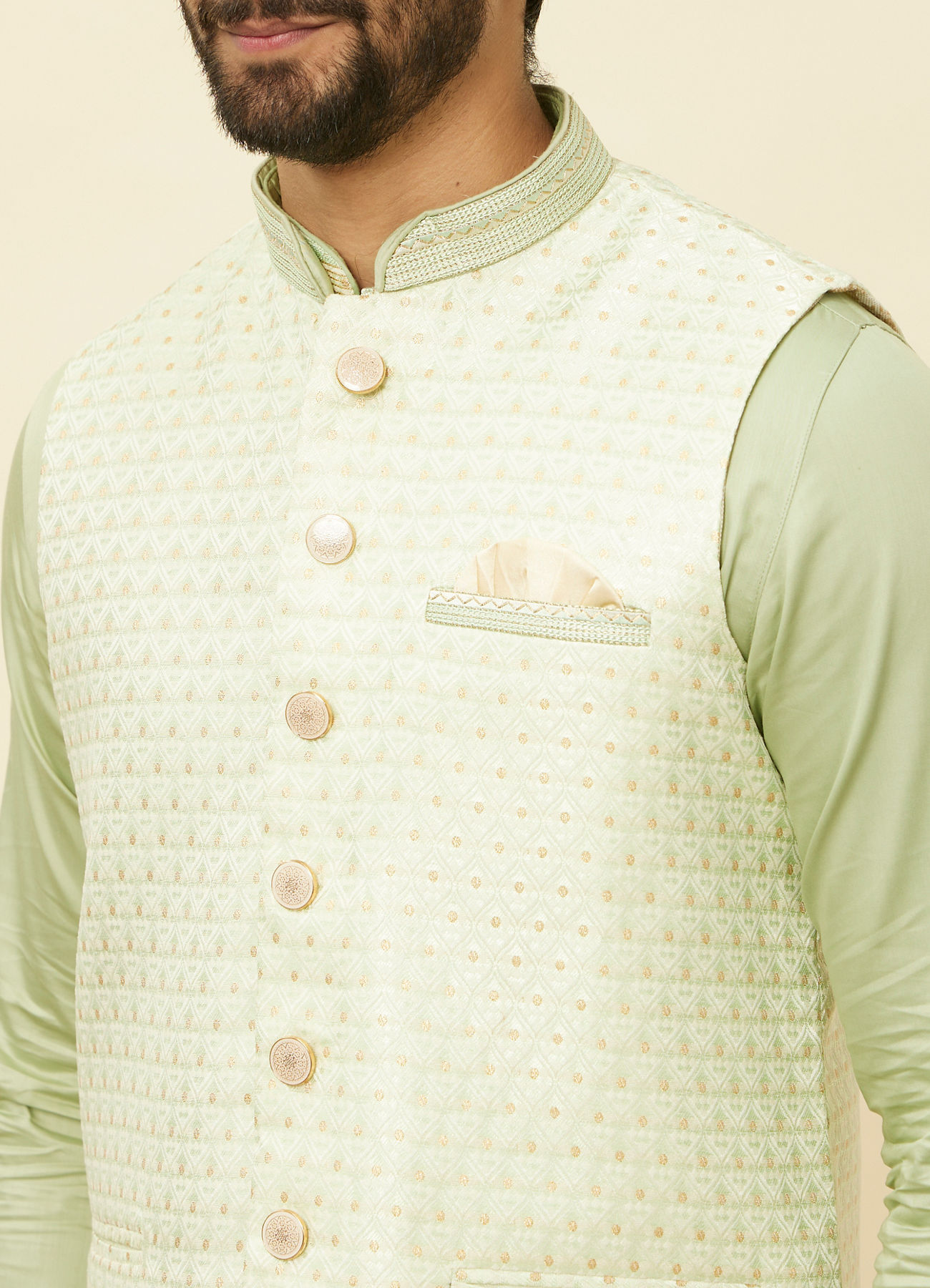 Manyavar Men Lime Green Self Patterned Jacket Set