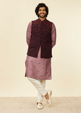 Manyavar Men Grape Wine and Lilac Kurta Jacket Set image number 3