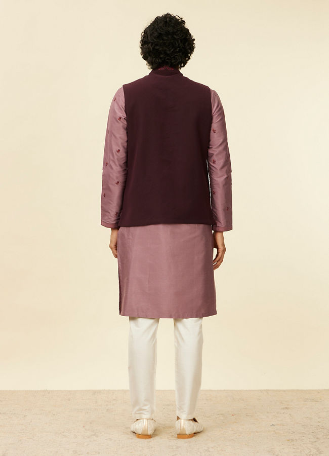 alt message - Manyavar Men Grape Wine and Lilac Kurta Jacket Set image number 4