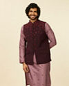 alt message - Manyavar Men Grape Wine and Lilac Kurta Jacket Set image number 0