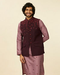 Manyavar Men Grape Wine and Lilac Kurta Jacket Set