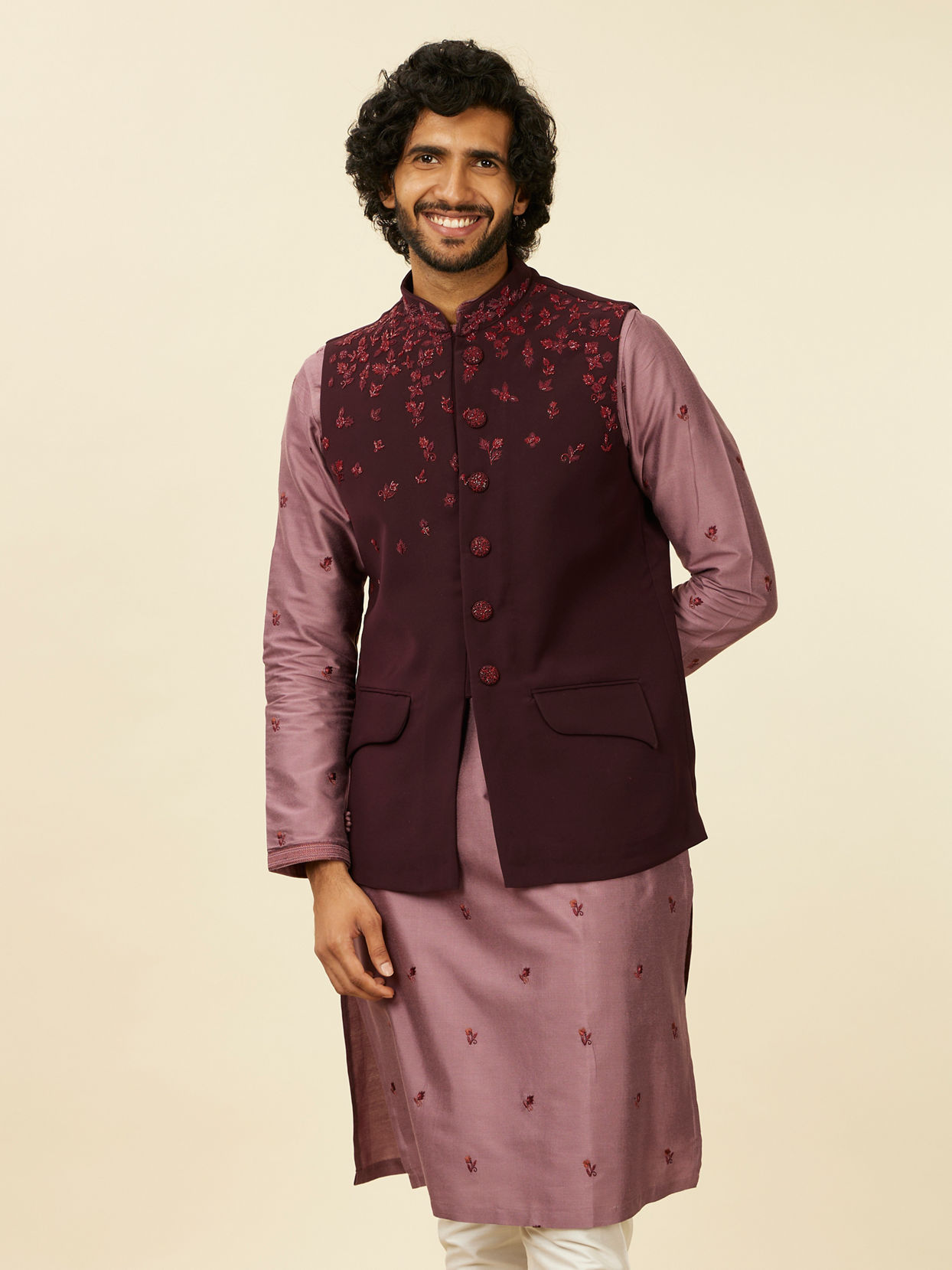 alt message - Manyavar Men Grape Wine and Lilac Kurta Jacket Set image number 0