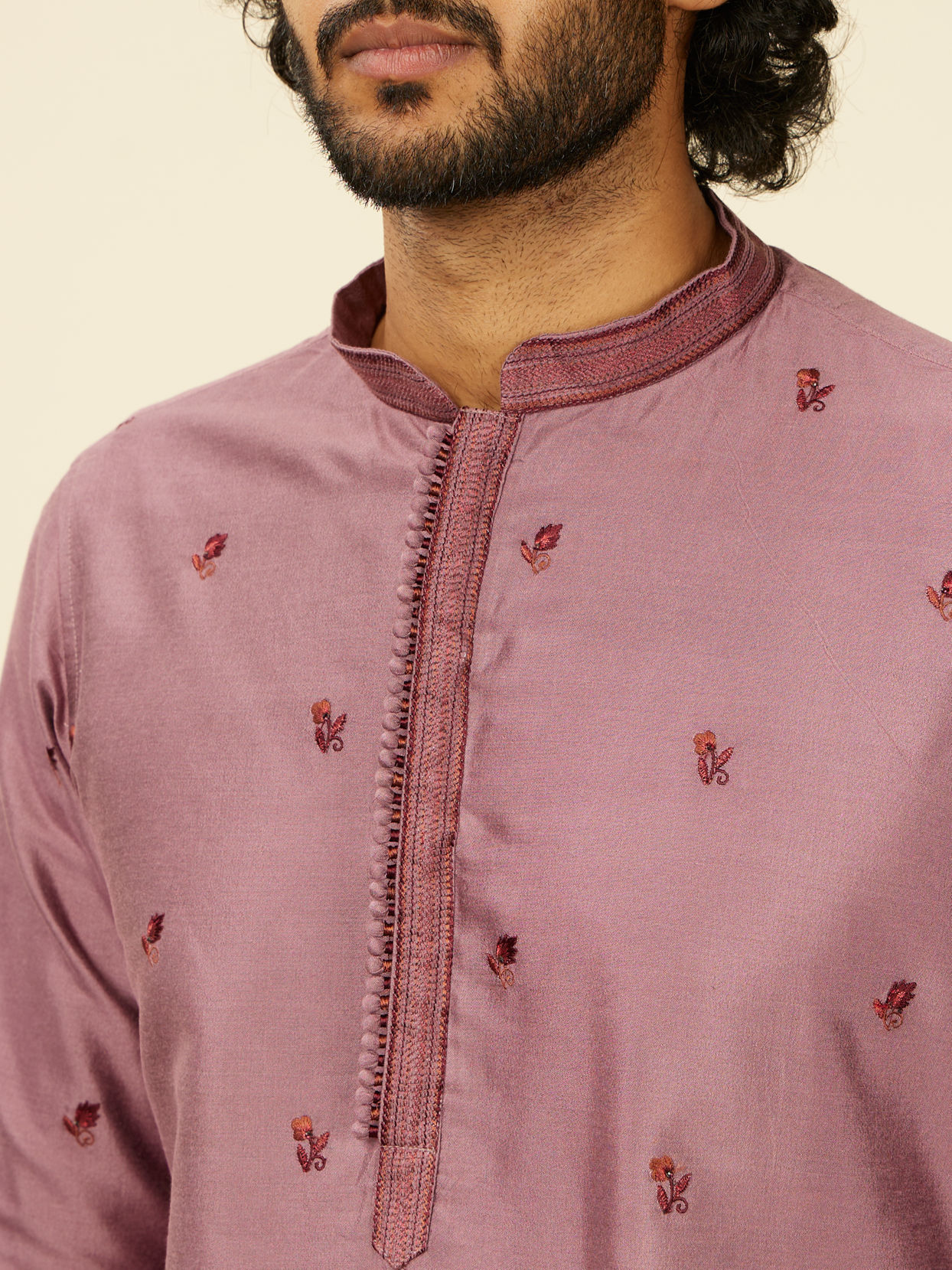 alt message - Manyavar Men Grape Wine and Lilac Kurta Jacket Set image number 2