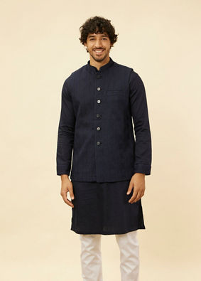 alt message - Manyavar Men Midnight Blue Triangular Patterned Kurta Jacket Set image number 0