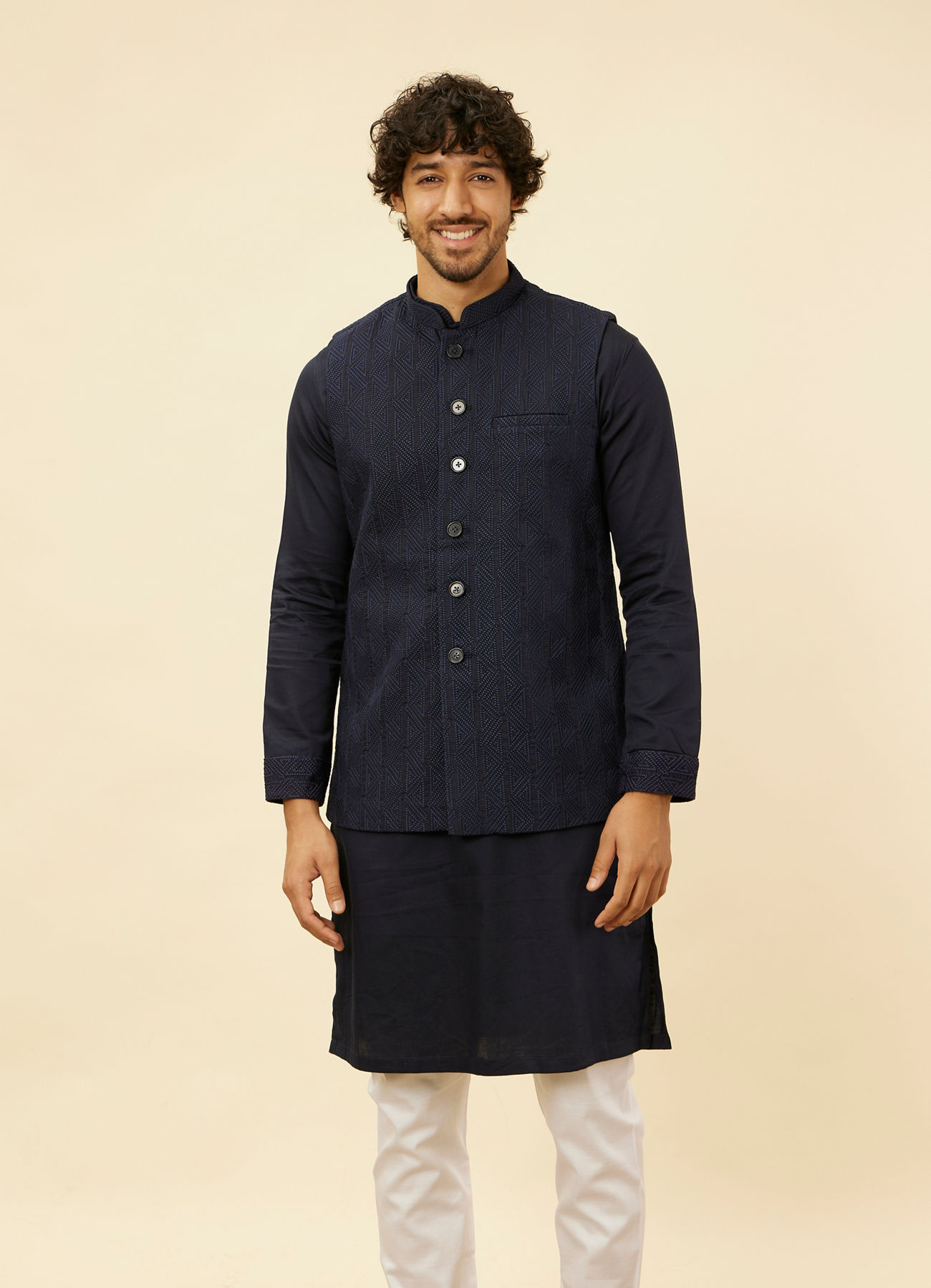 Manyavar Men Midnight Blue Triangular Patterned Kurta Jacket Set