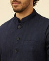 alt message - Manyavar Men Midnight Blue Triangular Patterned Kurta Jacket Set image number 1