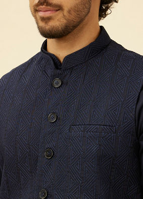 alt message - Manyavar Men Midnight Blue Triangular Patterned Kurta Jacket Set image number 1