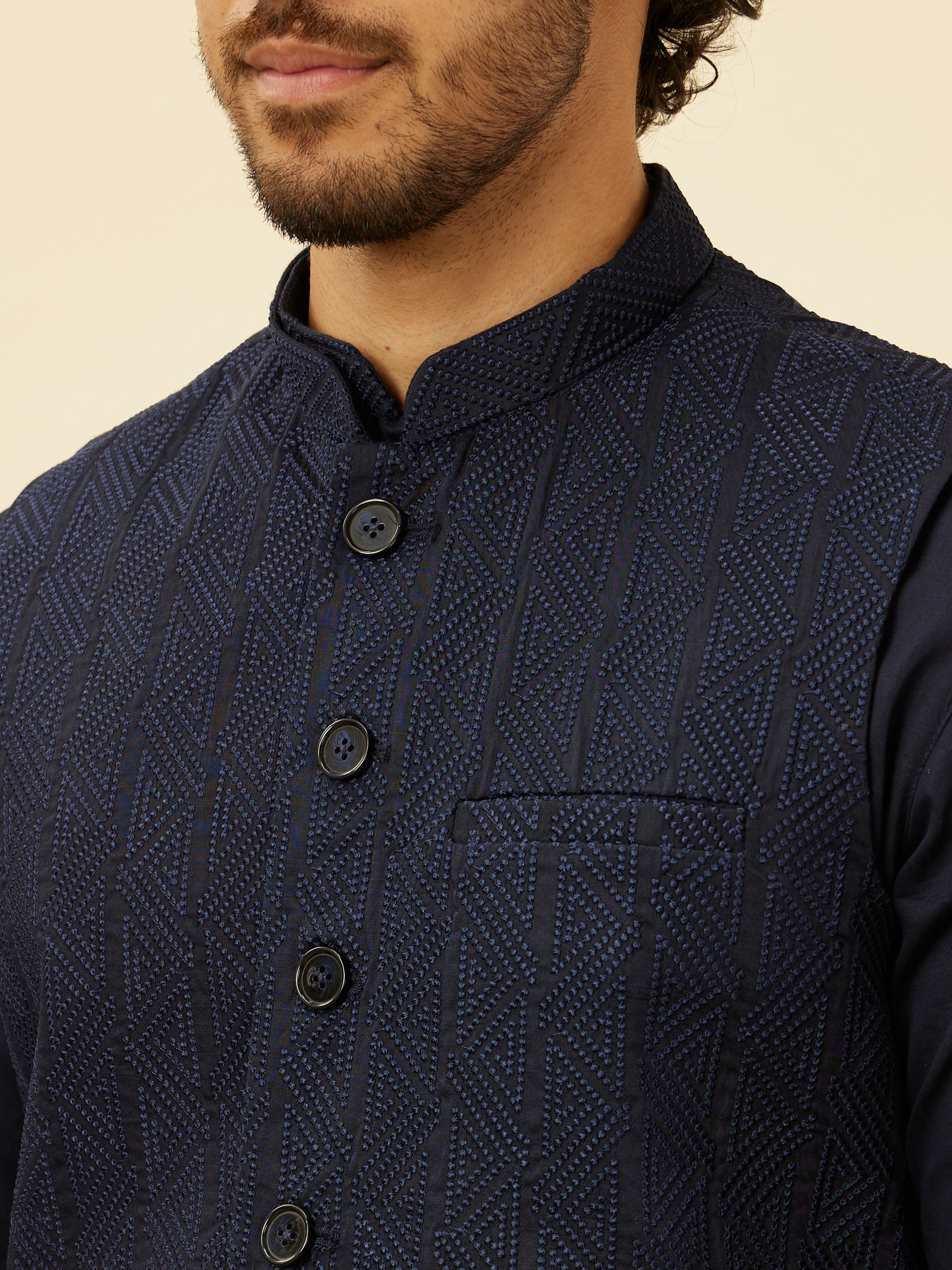 Manyavar Men Midnight Blue Triangular Patterned Kurta Jacket Set