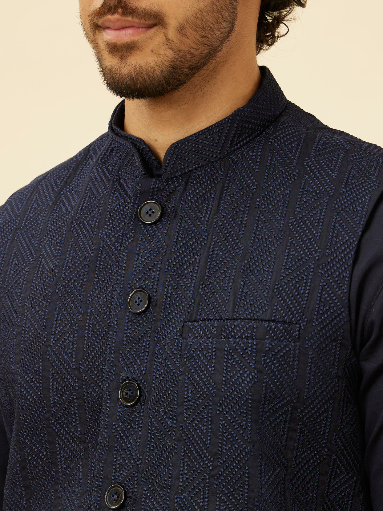 alt message - Manyavar Men Midnight Blue Triangular Patterned Kurta Jacket Set image number 1