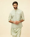 Manyavar Men Tea Green Bel Buti Patterned Drape Detailed Kurta Jacket Set