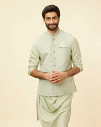 Manyavar Men Tea Green Bel Buti Patterned Drape Detailed Kurta Jacket Set