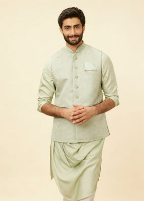 alt message - Manyavar Men Tea Green Bel Buti Patterned Drape Detailed Kurta Jacket Set image number 0