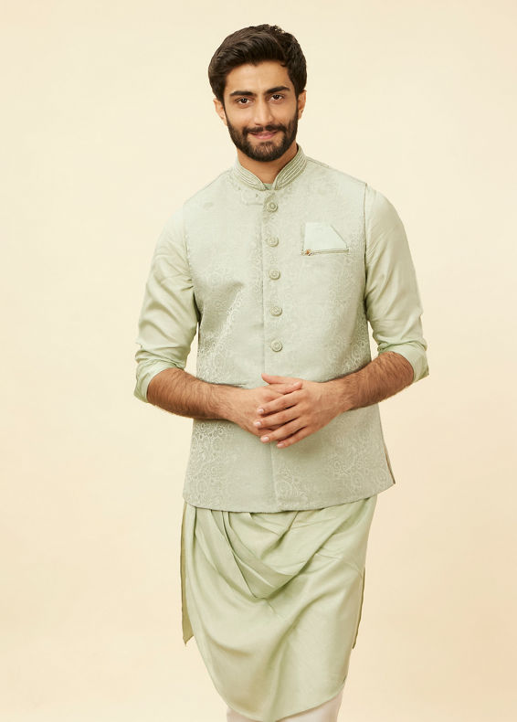 Manyavar Men Tea Green Bel Buti Patterned Drape Detailed Kurta Jacket Set
