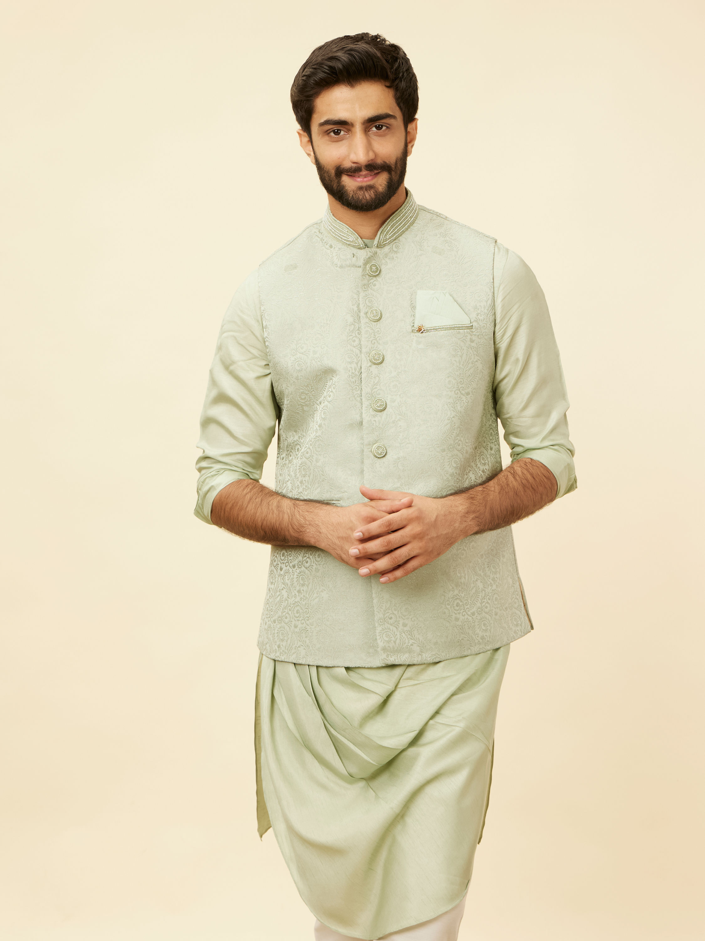 Manyavar Men Tea Green Bel Buti Patterned Drape Detailed Kurta Jacket Set