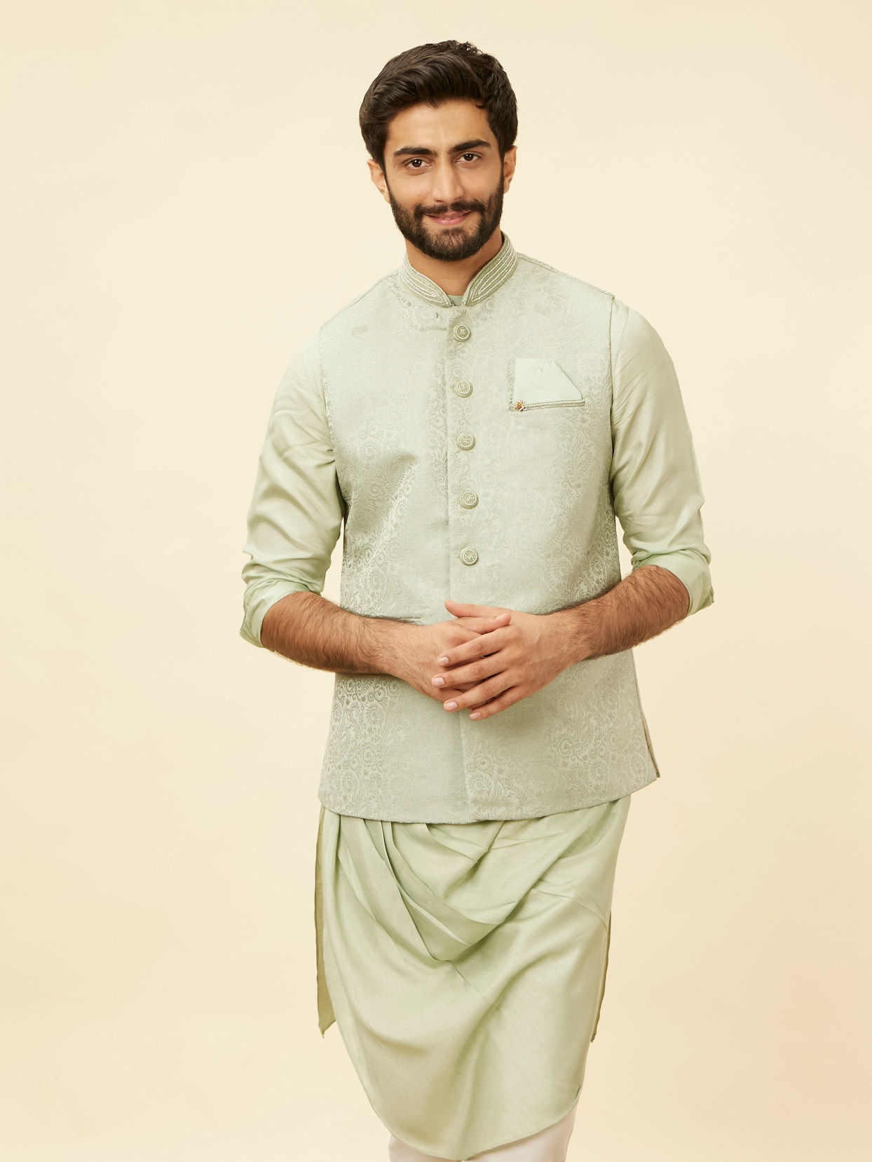 Manyavar Men Tea Green Bel Buti Patterned Drape Detailed Kurta Jacket Set