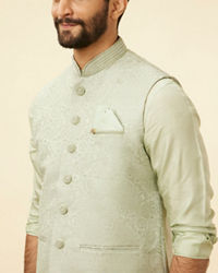Manyavar Men Tea Green Bel Buti Patterned Drape Detailed Kurta Jacket Set