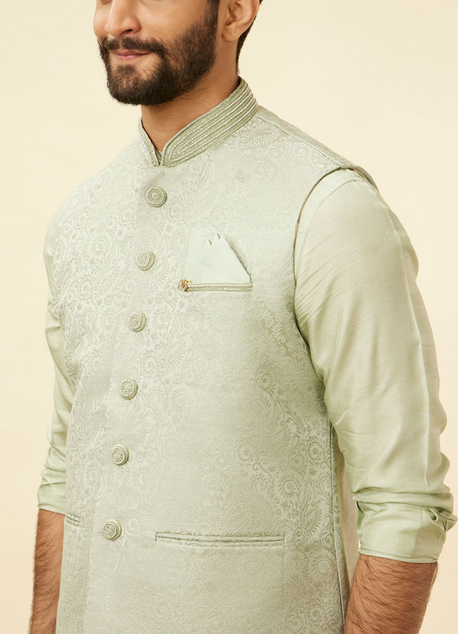 alt message - Manyavar Men Tea Green Bel Buti Patterned Drape Detailed Kurta Jacket Set image number 1