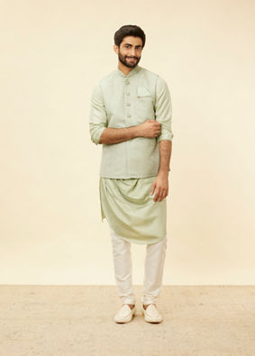 alt message - Manyavar Men Tea Green Bel Buti Patterned Drape Detailed Kurta Jacket Set image number 3