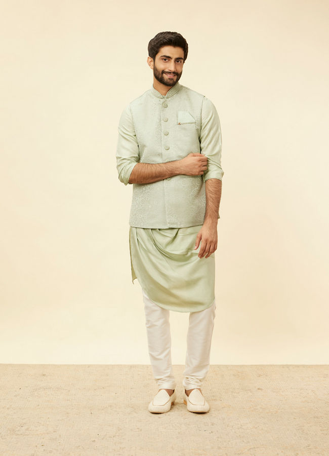 alt message - Manyavar Men Tea Green Bel Buti Patterned Drape Detailed Kurta Jacket Set image number 3