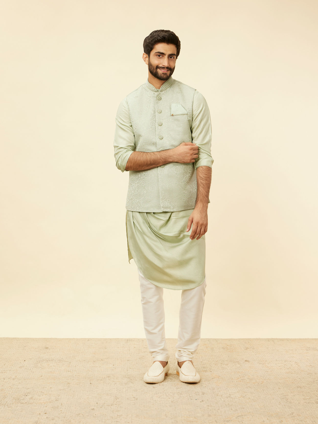 alt message - Manyavar Men Tea Green Bel Buti Patterned Drape Detailed Kurta Jacket Set image number 3