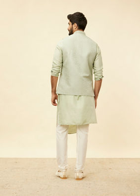 alt message - Manyavar Men Tea Green Bel Buti Patterned Drape Detailed Kurta Jacket Set image number 4