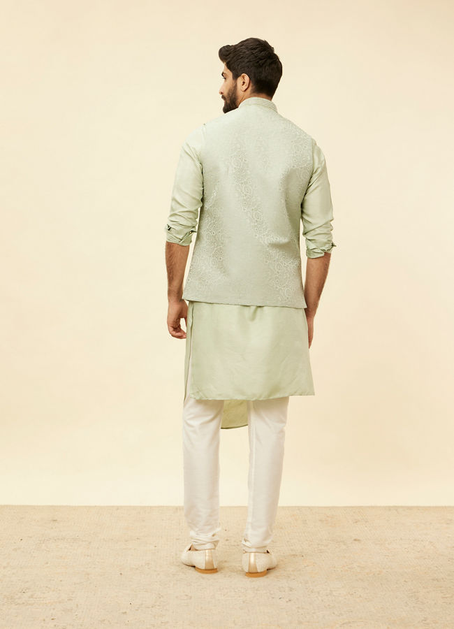Manyavar Men Tea Green Bel Buti Patterned Drape Detailed Kurta Jacket Set