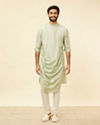 Manyavar Men Tea Green Bel Buti Patterned Drape Detailed Kurta Jacket Set