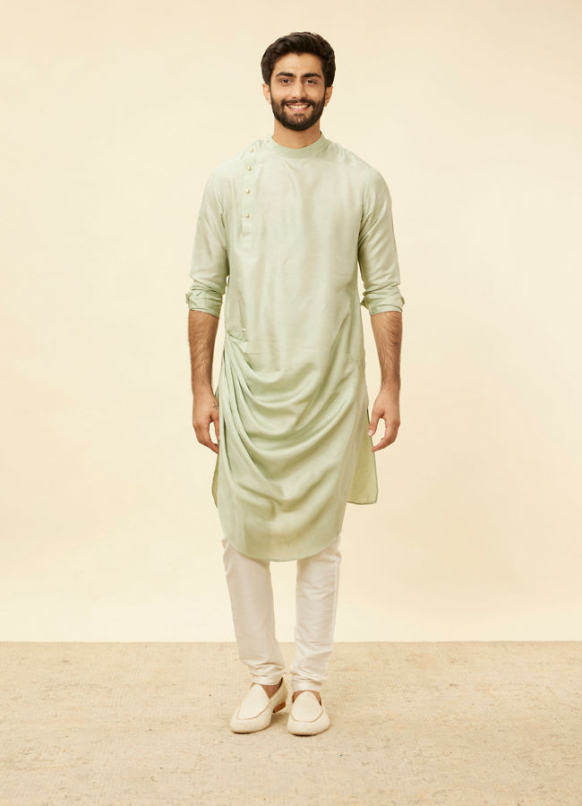 Manyavar Men Tea Green Bel Buti Patterned Drape Detailed Kurta Jacket Set