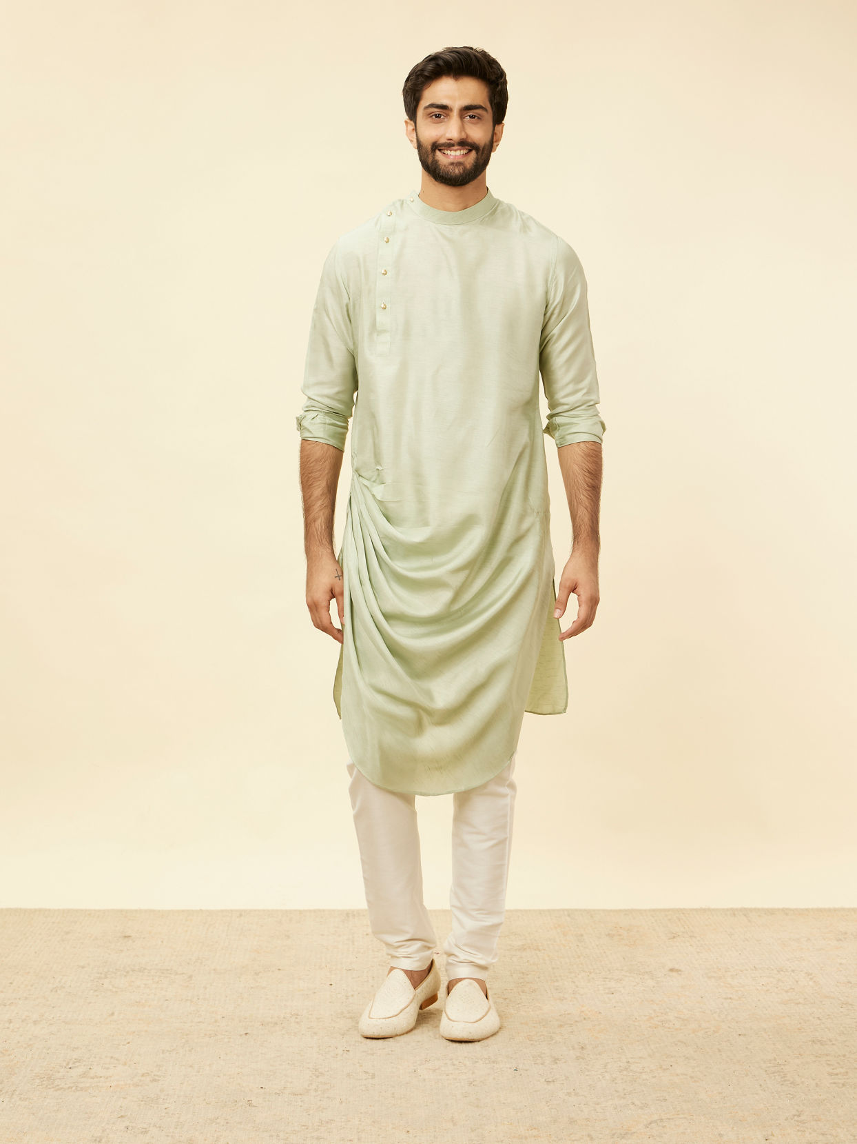 alt message - Manyavar Men Tea Green Bel Buti Patterned Drape Detailed Kurta Jacket Set image number 2