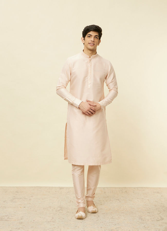 Manyavar Men Peach Pink Geometric Wave Patterned Jacket Set