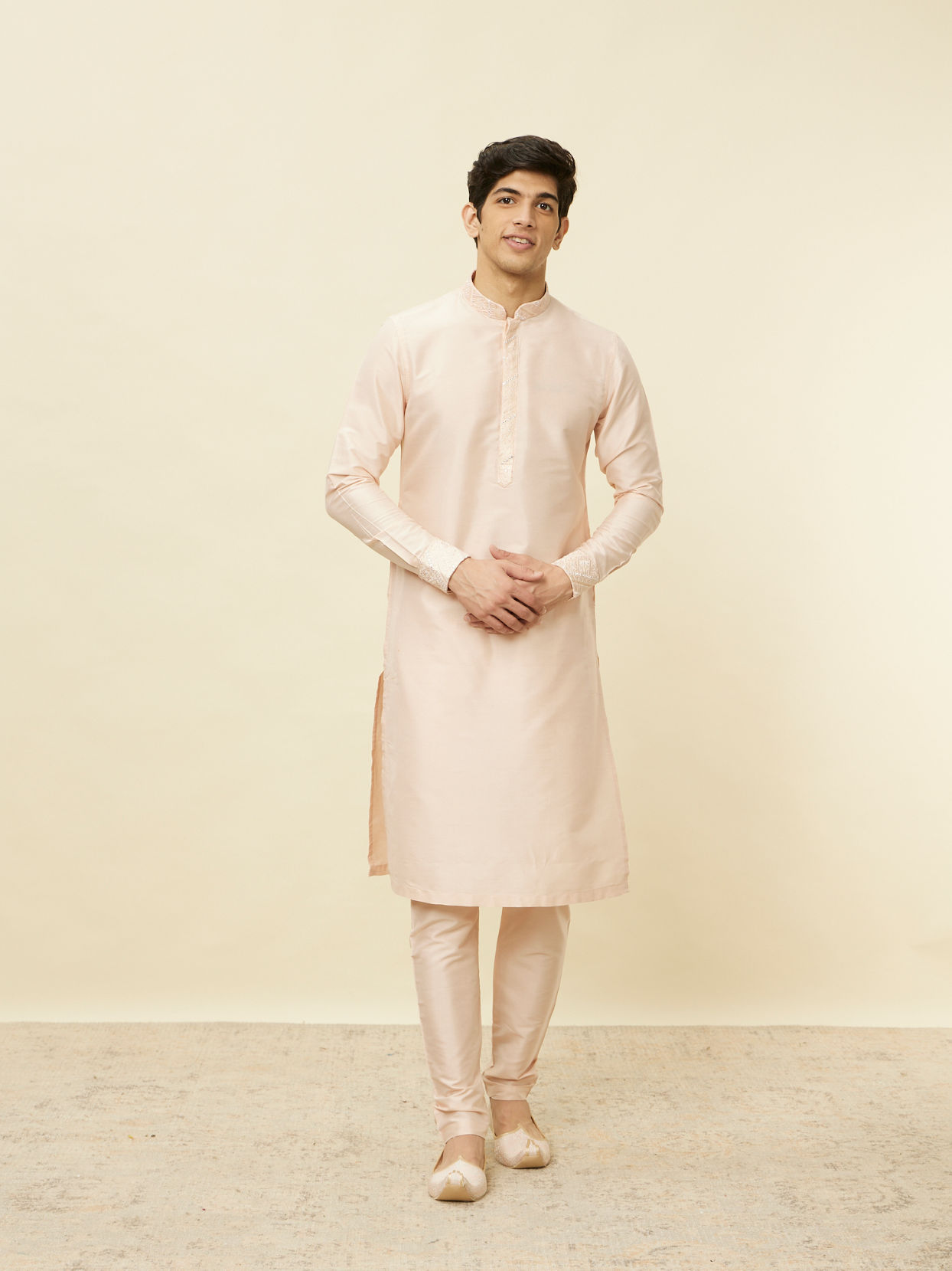 Manyavar Men Peach Pink Geometric Wave Patterned Jacket Set
