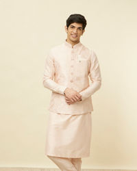 Manyavar Men Peach Pink Geometric Wave Patterned Jacket Set