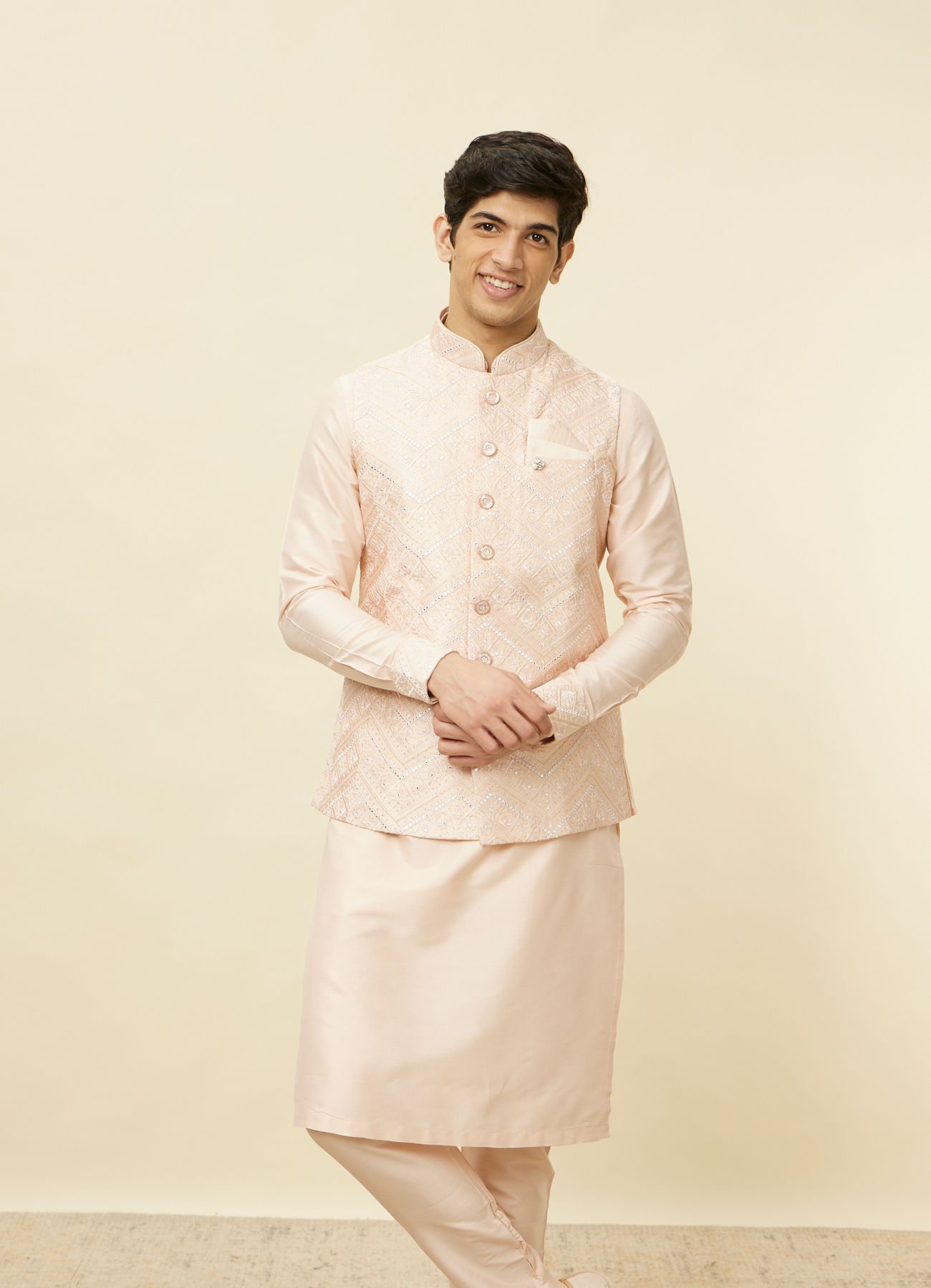 Manyavar Men Peach Pink Geometric Wave Patterned Jacket Set