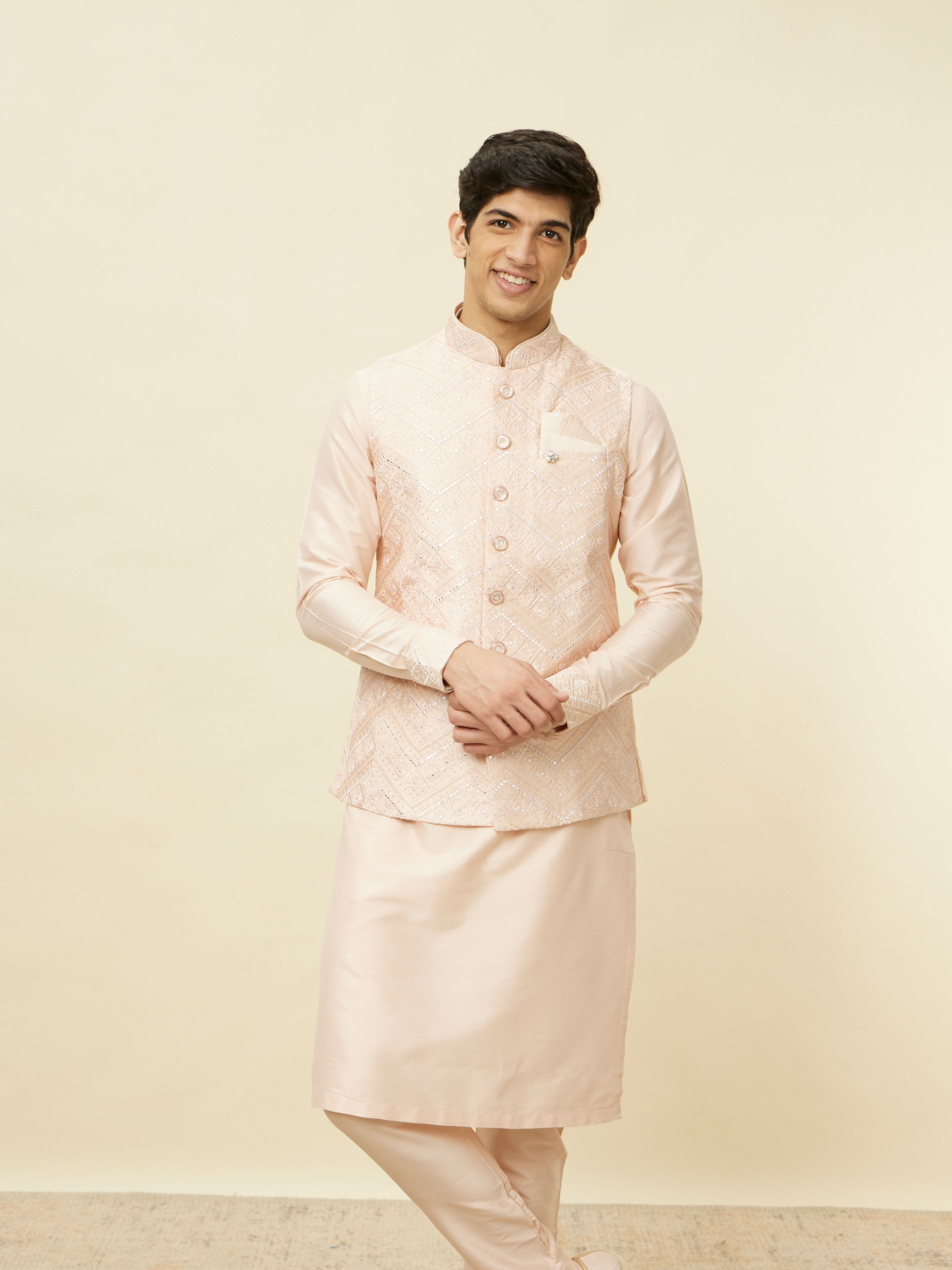Manyavar Men Peach Pink Geometric Wave Patterned Jacket Set