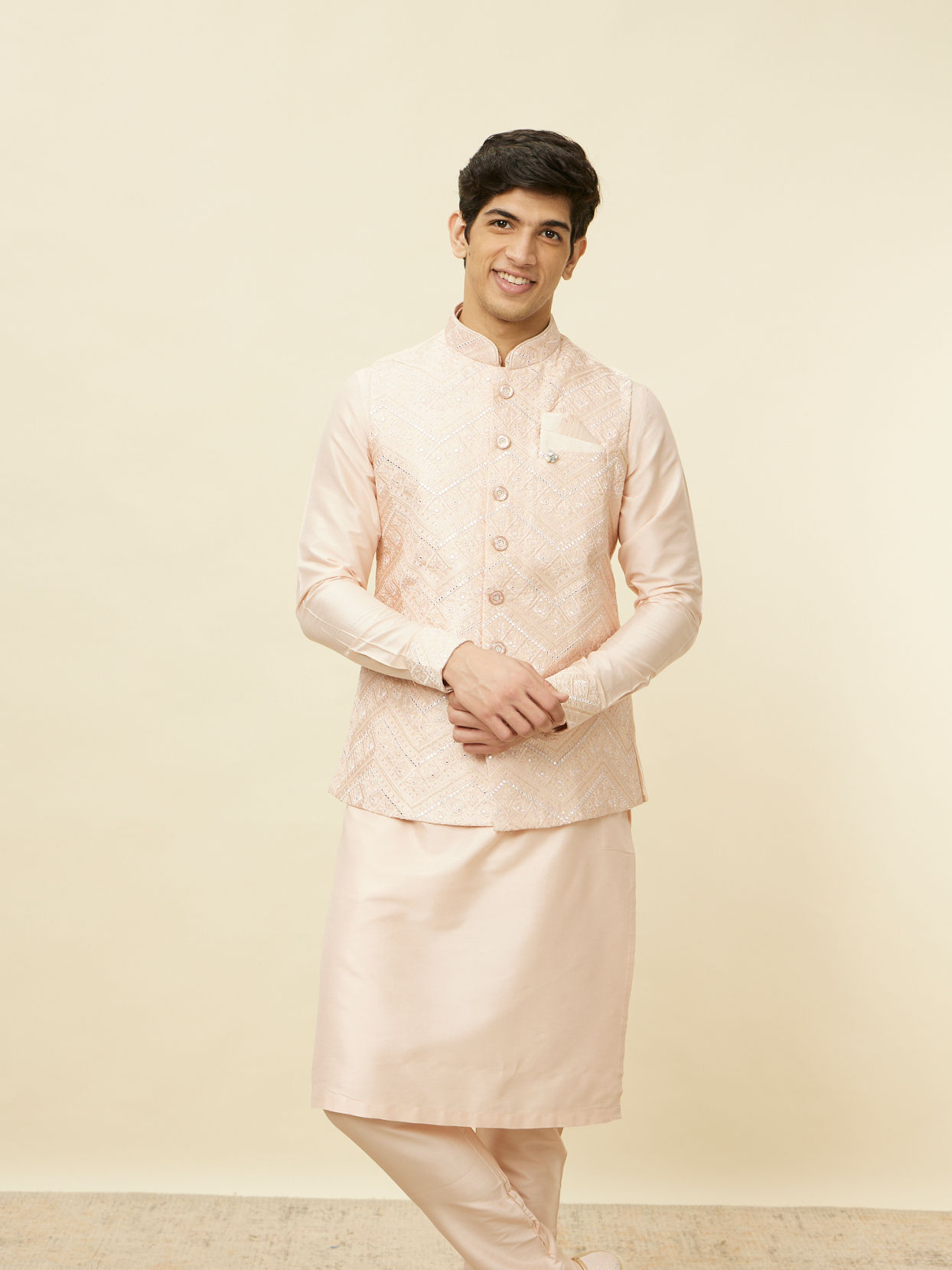 Manyavar Men Peach Pink Geometric Wave Patterned Jacket Set
