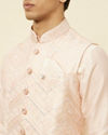 Manyavar Men Peach Pink Geometric Wave Patterned Jacket Set