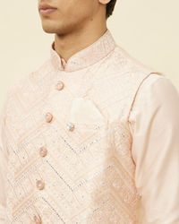 Manyavar Men Peach Pink Geometric Wave Patterned Jacket Set