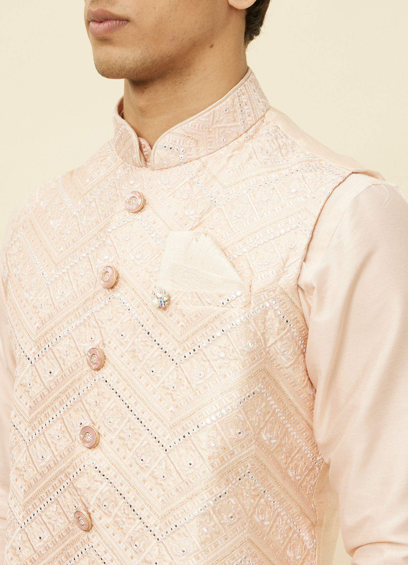 Manyavar Men Peach Pink Geometric Wave Patterned Jacket Set