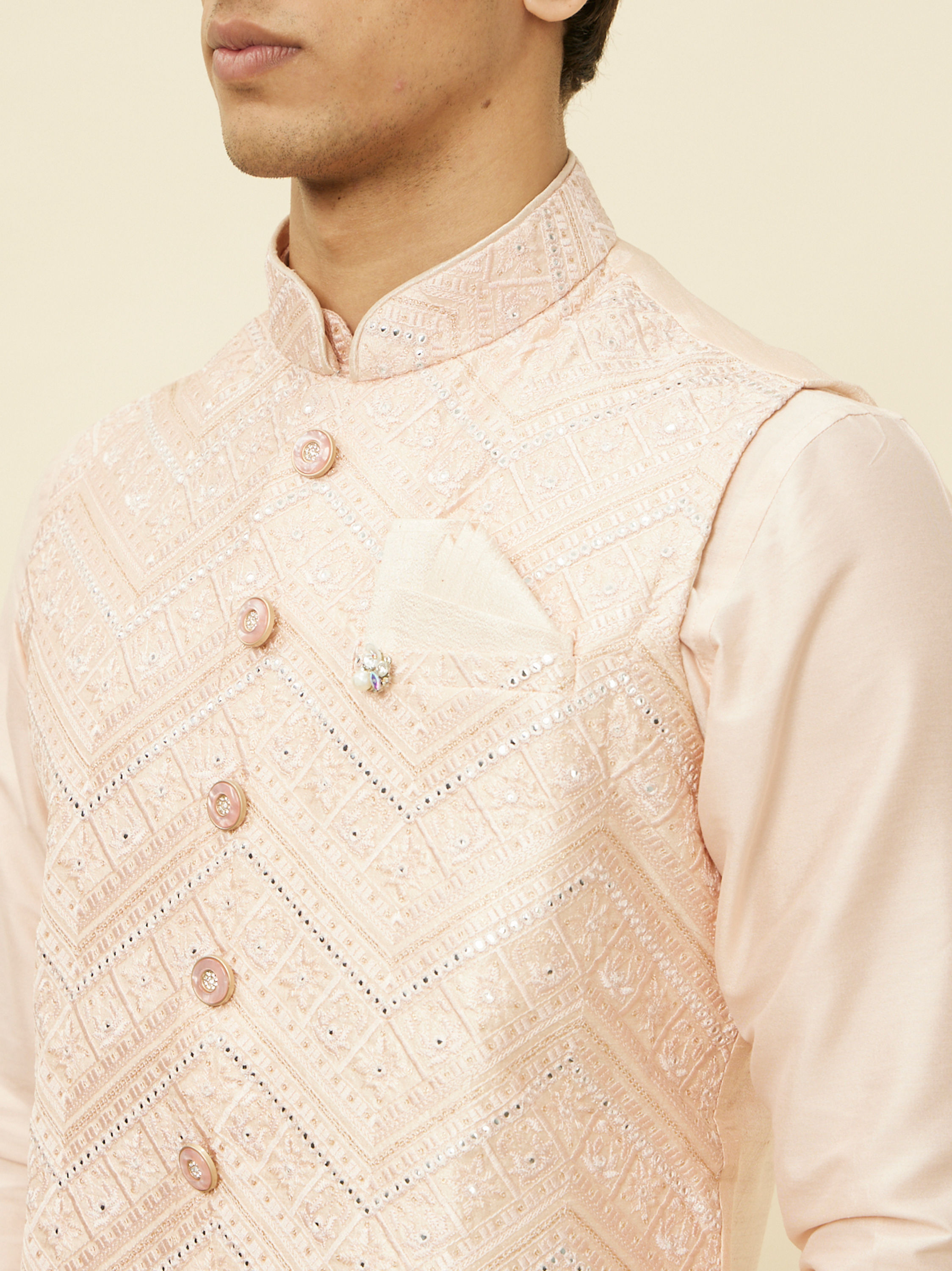 Manyavar Men Peach Pink Geometric Wave Patterned Jacket Set