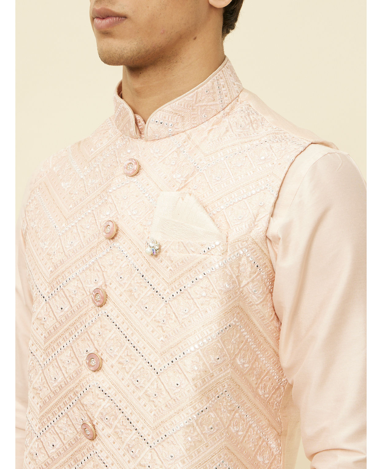 Manyavar Men Peach Pink Geometric Wave Patterned Jacket Set