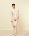 Manyavar Men Peach Pink Geometric Wave Patterned Jacket Set